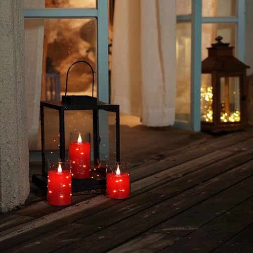 Image of Homemory Flickering Flameless Candles with String Lights, Battery Operated Candles, Embedded String Lights LED Candles, Unbreakable Plexiglass Candle with Remote, Set of 3, Red
