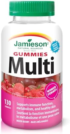 Jamieson Multivitamin Gummies for Women Mixed Berry Flavour, Supports Bone Health, Immunity, Energy, Hair, Skin and Nails. With Biotin and Vitamin B12, Vegetarian, Non-GMO, No Gluten, Artificial Colours, Flavours or Preservatives, 130 Count