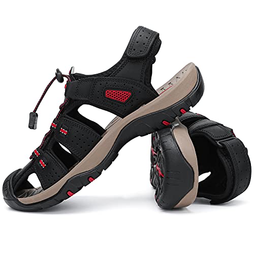 Flarut Men's Sport Sandals Outdoor Hiking Sandals Closed Toe Leather Athletic Lightweight Trail Walking Casual Sandals Water Shoes (C-Black,48) #TOP6