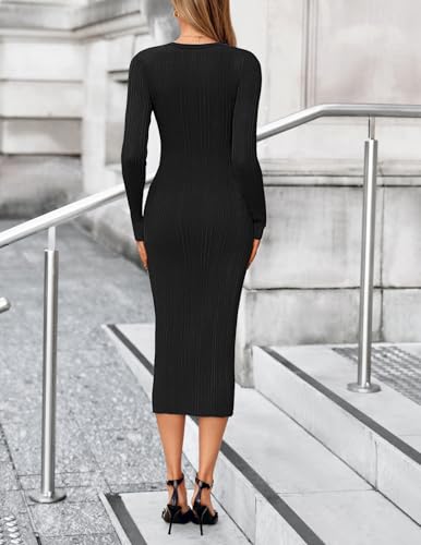 MEROKEETY Women's Long Sleeve Bodycon Sweater Dress 2025 Fall Button Crew Neck Ribbed Knit Midi Maxi Dresses3