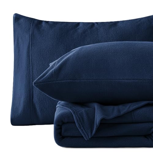 Image of Love's cabin Fleece Queen Sheet Set - 4 Pcs Dark Blue Winter Soft Plush Polar Fleece Bed Sheets Set with 16 inch Deep Pocket,Cozy Warmth for Cold Season(1 Flat Sheet,1 Fitted Sheet,2 Pillow Cases)
