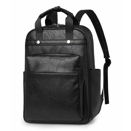 CTTOVIS Leather Laptop Backpack for Women 15.6 Inch Work Travel Backpack Fashion College Business Computer Bag (Black)