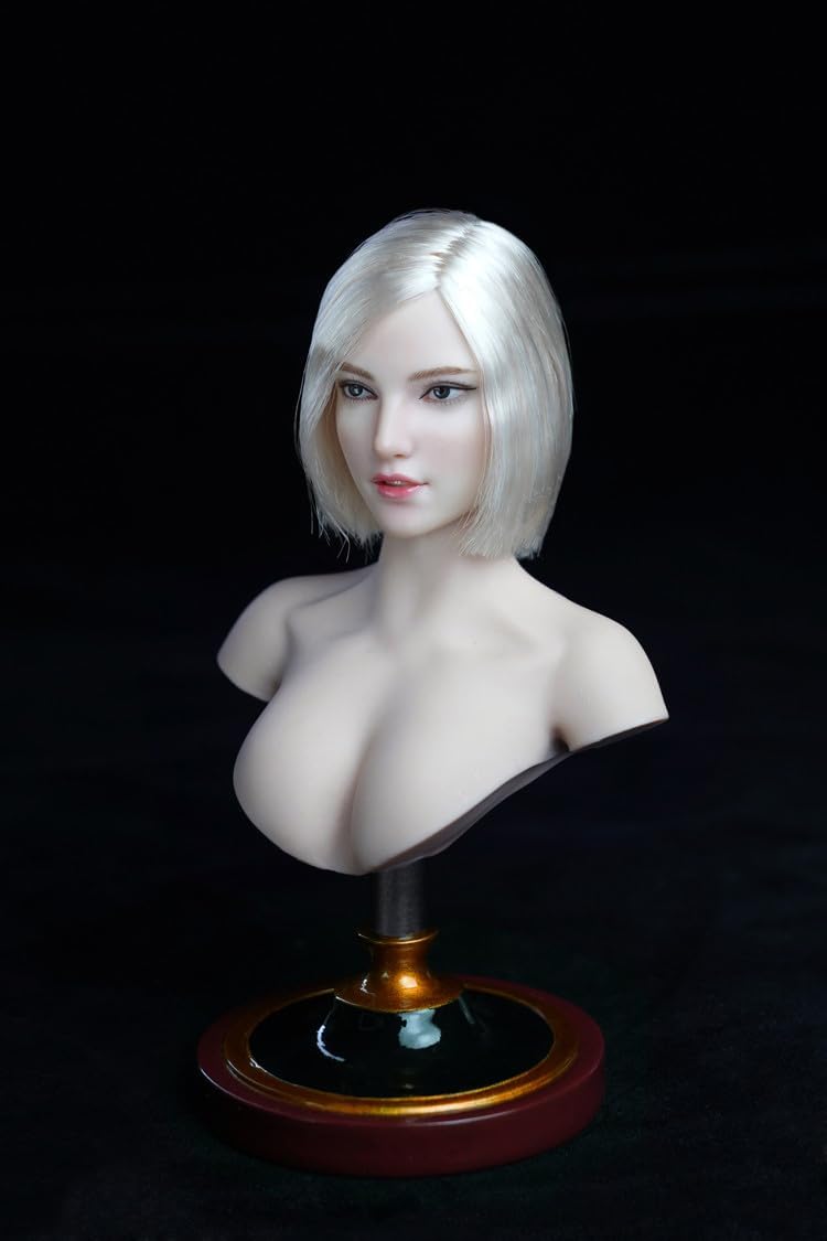 Fremego 1/6 Scale Female Head Sculpt, Asian Girl Pale Skin Head Carved Carving for 12inch PH TBL JO Worldbox Action Figure (White Hair)