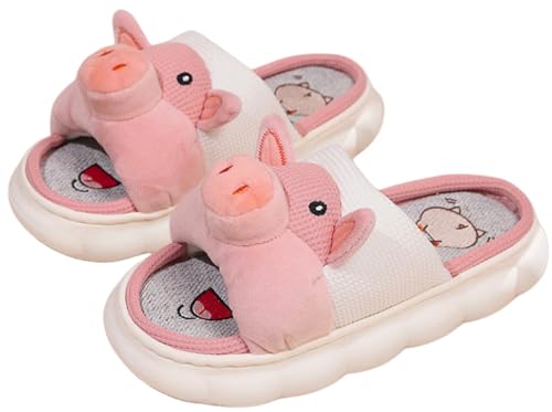 AZCHEN Women's Animal Cartoon Pig Slippers - Cute and Comfortable Linen Plush Slippers for Home