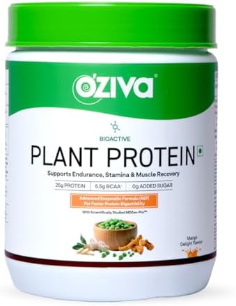 OZiva Bioactive Plant Protein Powder, 5.5g BCAA, Pea Isolate, Mango, 500g