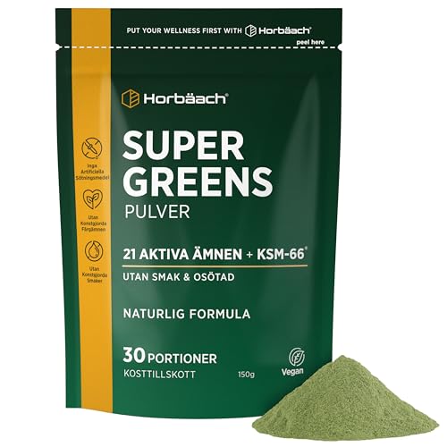 Super Greens Powder | 150 g | Veganskt Kosttillskott Pulver med Ashwagandha KSM-66 och 21 Aktiva Ingredienser - Chlorella, Spirulina, Vetegräspulver, Multivitamin och Mineraler med Mera! | av Horbaach
