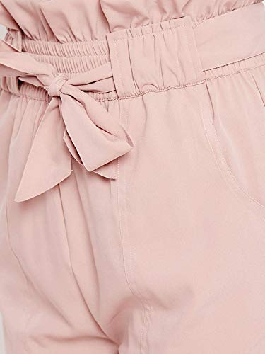 Image of PANIT Solid Rose Gold Colour Pleated elsticated high Waist Trouser has tie up at Waist and Two Pockets.