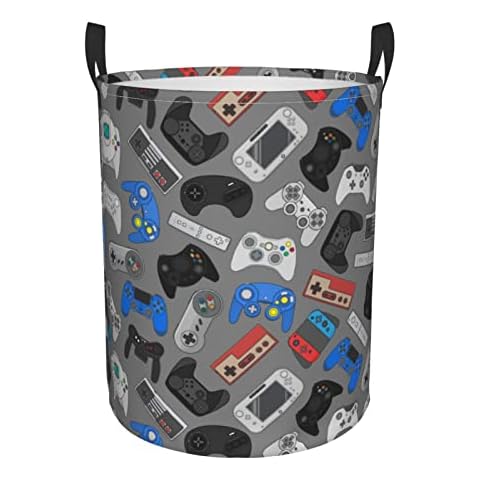 Gbuzozie Video Game Controller Grey Background Round Laundry Hamper Gaming Theme Storage Basket Toys Clothes Organizer Bin For Home Bathroom Bedroom Dorm Nursery, 38l Cover