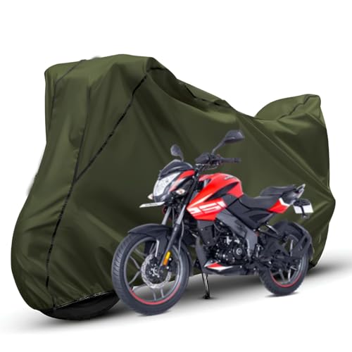 Image of Waterproof Bike Body Cover Compatible with Bajaj Bajaj NS 125 Dustproof Scratchproof - Motorcycle Cover for Two Wheeler, Outdoor Full Cover with UV, Duty, Rain Protection (Olive with Black)
