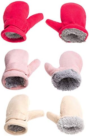 Baby Toddler Mittens Boys Girls Winter Outdoor Gloves Kids Easy-On Fleece Warm Mittens Pink Rose Khaki 3 Pairs L（2-4 years）