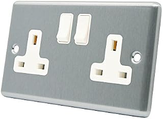 AET CSC2GSOCWH Satin Chrome Classical 2 Gang White Insert Plastic Rocker Switches-13 Amp Double Plug Socket, 240 V