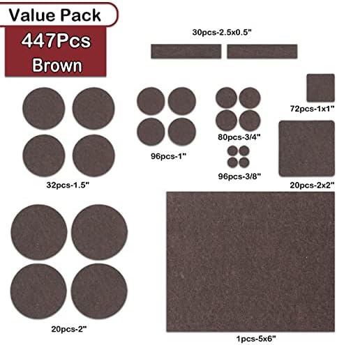Felt Furniture Pads -447 Pcs Furniture Pads Self Adhesive, Cuttable Felt Chair Pads, Anti Scratch Floor Protectors for Furniture Feet Chair Legs, Furniture Felt Pads for Hardwoods Floors, Brown