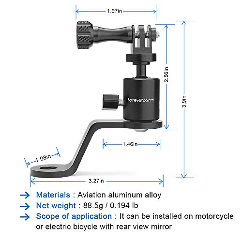Forevercam Motorcycle Rearview Mirror Mount For Gopro Motorcycle Aluminum Bracket Holder (360 Degree Rotation & 10Mm Hole) Compatible With Gopro Hero 11/10/9/8/7/6/5/4/3 Dji Osmo Action Camera #TOP3