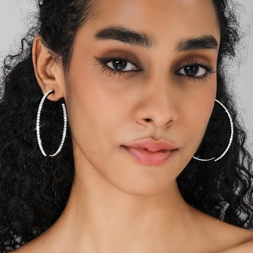 Large Hoop Earrings for Women Black Earrings Silver Crystal Hoop Earring 14K Gold Plated Rhinestone Earrings Big Cubic Zirconia Hoop Earrings Party Dance Fashion Hypoallergenic Jewelry Gift for Her 40/50/60 mm Sparkly Hoops With Crystals for Womens3