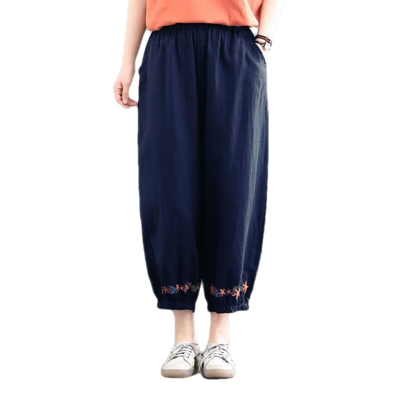HEARTTOUCH Women's Baggy Linen Wide Leg Trousers Casual Patchwark Harlan Pants Elastic Waist Harem Pants with Pocket M-4XL