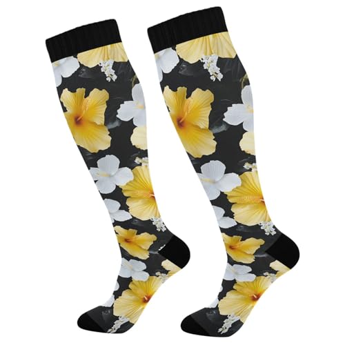 Wassud Yellow Hibiscus Flowers Compression Socks for Women and Men 20-30 mmHg Knee High Socks for Nurses Travel Socks 2 Pair