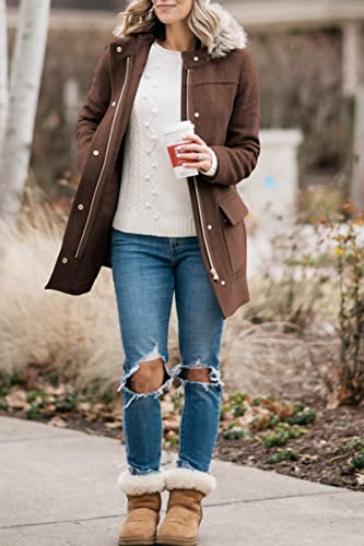 Shanfetl Womens Coats Fall Winter Warm Mid Length Pea Coats Elegant Jackets Outwear With Faux Fur Hood #TOP2