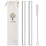 ALINK Glass Boba Straw, Reusable Wide Clear Smoothie Straws, 14mm X 9 in Set of 2 with Cleaning Brush