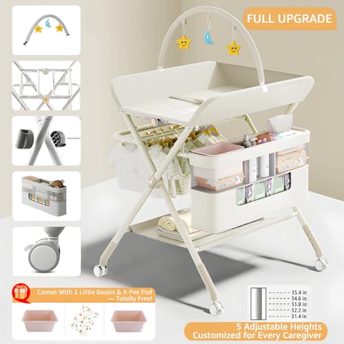 Image of Changing Table, Portable Baby Changing Table with Wheels, Upgraded Foldable Diaper Changing Station with 5-Level Adjustable Height & Large Nursery Organizer Storage for Newborn Infant (Beige)