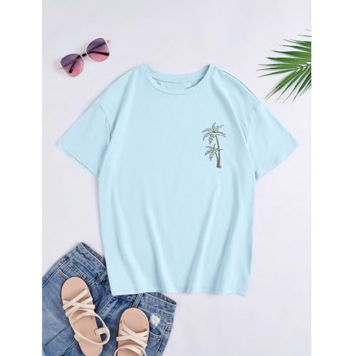 Image of KEEVICI Cute Girls Graphic Tees Beach Kids Hawaiian T Shirt Summer Cotton Letter Print Short Sleeve Shirts Vacation Tops