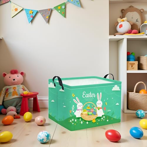 Image of Rectangular Easter Basket for Home Kitchen Baby Girls Basket Cute Storage Bin Organizer Shelf Book Room Decor(Green Cute Bunny)