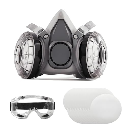 Yehenarn Respirator Mask with Filters and Safety Glasses, 20 Spare Dust Pads, Reusable Half Face Spray Paint Mask for Painting, Sanding, Welding, Construction Work and Dust