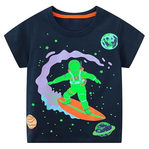 FILOWA Camiseta Niños Manga Corta Algodón T-Shirt Cuello Redondo Azul Marino tee Elástica Cómoda Luminoso Dinosaurio Astronauta Estampado Top Primavera Verano Ropa para Infantil 6-7 años | Ya disponible en tu tienda friki favorita! En mundofriki.es!