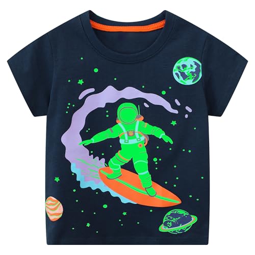 FILOWA Camiseta Niños Manga Corta Algodón T-Shirt Cuello Redondo Azul Marino tee Elástica Cómoda Luminoso Dinosaurio Astronauta Estampado Top Primavera Verano Ropa para Infantil 2-3 años
