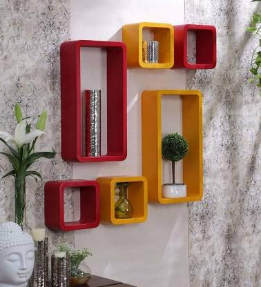 AKB Store Black and Orange Cube Shape Wall Shelves Set of 6 Modern Rectangle MDF Wall Shelf (Number of Shelves - 6, Black, Orange)