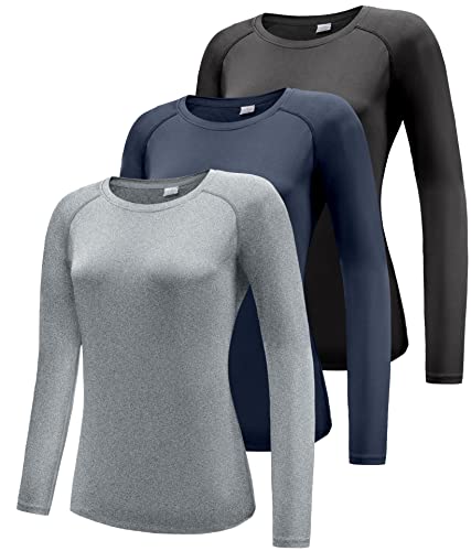 Damen 3er Pack Langarmshirt T-Shirts, UPF 50+ Sonnenschutz Schnelltrocknend Funktionsshirt Laufshirts, Atmungsaktiv Langarm Sportshirt Gym Yoga Running Top Freizeitshirt Workout Fitness Oberteil