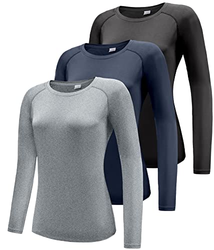 Damen 3er Pack Langarmshirt T-Shirts, UPF 50+ Sonnenschutz Schnelltrocknend Funktionsshirt Laufshirts, Atmungsaktiv Langarm Sportshirt Gym Yoga Top Workout Fitness Oberteil Black/Navy/Hgrey 3P03-S