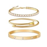 JUNVirtuous 3-Pack Gold Bracelets for Women,18K Gold Plated Bangle Tennis Bracelets Stack Set for Women Trendy Non Tarnish Stainless Steel Gold Bangles Accessories Designer Jewelry Pulseras Para Mujer