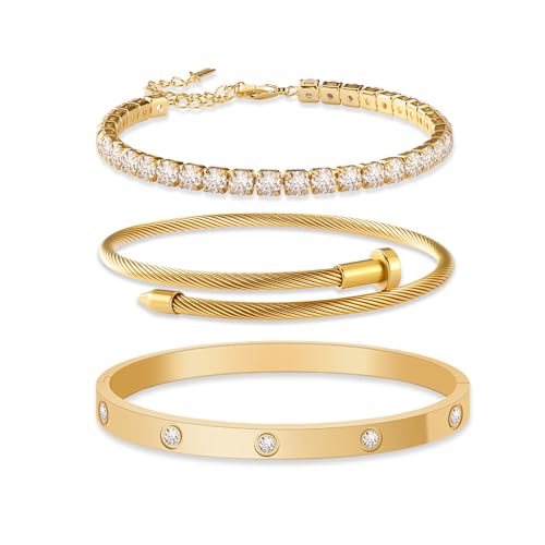 JUNVirtuous 3-Pack Gold Bracelets for Women,18K Gold Plated Bangle Tennis Bracelets Stack Set for Women Trendy Non Tarnish Stainless Steel Gold Bangles Accessories Designer Jewelry Pulseras Para Mujer