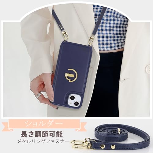 Havaya スマホショルダー iPhone13 ケース iphone14 ケース ショルダー リング付き レザー 肩掛け カード収納(アイフォン13 /あいふぉん13/いphone14/アイホン14 6.1インチ対応)-ブルー