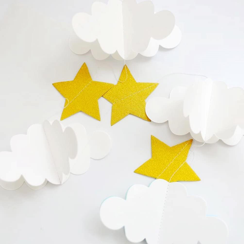 Happy Space (6.5ft x 2pcs) 3D Cloud Moon Star Glitter Banner, Paper Handmade Decoration for Nursery Decor/Baby Shower/Welcome Baby/Theme Parties/Birthday Decoration Pack of 2 (White + Blue)