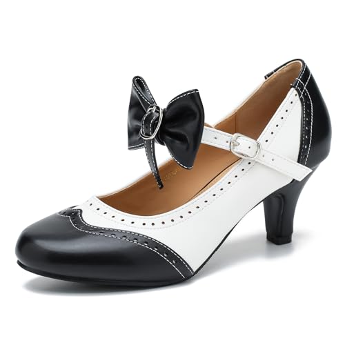 LIURUIJIA Women's Low Kitten Heel Mary Jane Oxfords Pumps Comfortable Ankle Strap Dress Shoes with Bow