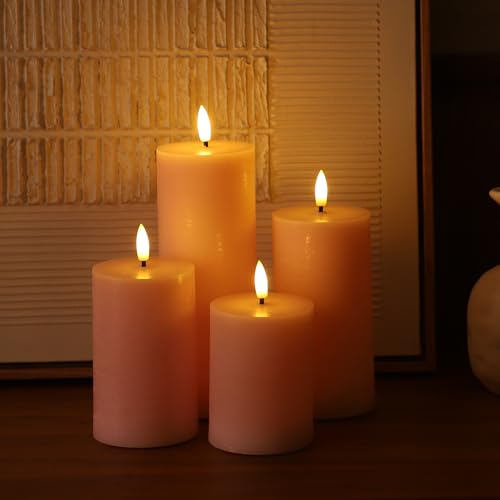 Image of Pink Flameless Candles, Real Wax Pillar Battery Operated Candles, Flat Top Flickering LED Pillar Candles with Remote, 4 Pack Fake Candles for Home Party Wedding Romantic Night Decor