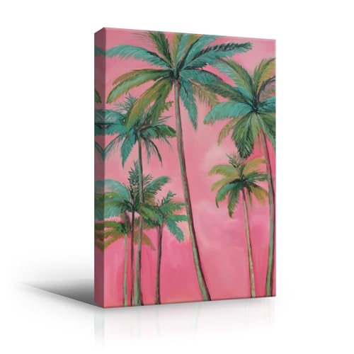 Pink Palm Tree Wall Art Print, Tropical Coastal Poster, Girly Beach Decor, Soft Sunset Botanical Artwork, Modern Summer Aesthetic Wall Decor for Bedroom Living Room Bathroom(16x24Inch,Gallery Wrapped）