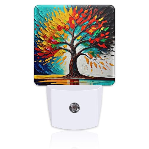 Image of Colorful Life Tree Night Light Plug into Wall, Abstract Modern Artwork Oil Painting Dusk to Dawn Night Light Plug in,0.5w Energy Saving Sleep Friendly NightLight for Kids Boys Girls Home Decor