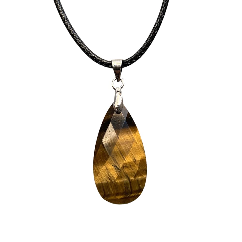 VIE Teardrop Faceted Pendant with Black Cord, 2.5x1.5cm, Tiger's Eye