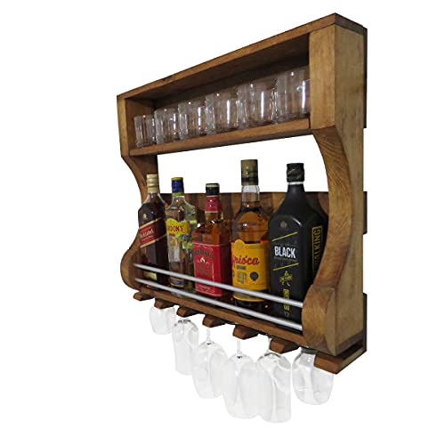 Bar Adega de Parede em Madeira Pinus Imbuia para 6 Taças e 6 Garrafas