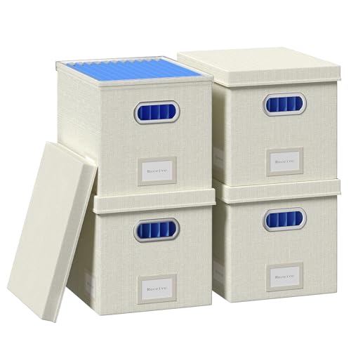 GRSQYS File Organizer Box - File Boxes for Hanging Files with Lid Set of 4 Decorative Hanging Folders Organizer with One-Piece Plastic Frame Slides (Beige White, 13.2 * 10.1 * 10.1in(4Pack))