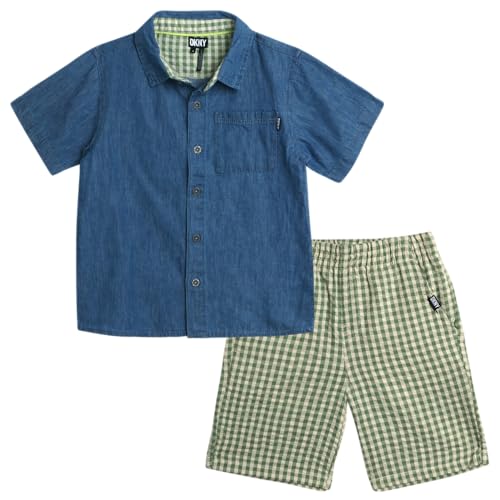 Image of DKNY Toddler Boys Short Set - 2 Piece Short Sleeve Button Down Shirt and Matching Summer Cargo Shorts for Boys