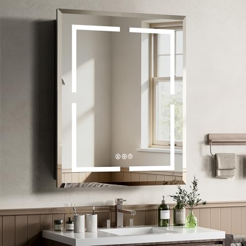 YUEPUIIHUI 24X30 Inch Lighted Medicine Cabinet with Mirror and Lights, Recessed Mirror Medicine Cabinet with Adjustable 3-Color, Brightness Dimming, Defogger, LED Bathroom Mirror Cabinet Wall Mounted