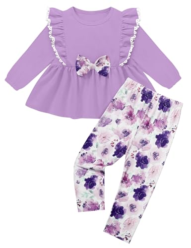 ZAANTI Girl Toddler Clothes 2T Girls Clothes Solid Color Purple Crew Neck Bowknot Ruffle Long Sleeve Top and Elastic Waist Floral Print Legging Pants 3T Girls Outfits Fall Outfit Toddler Girl