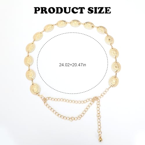2 Pack Western Metal Concho Chain Belt for Women Girls Cowgirl Boho Waist Chain Country Concert Outfit for Dress (Gold+ Silver)2