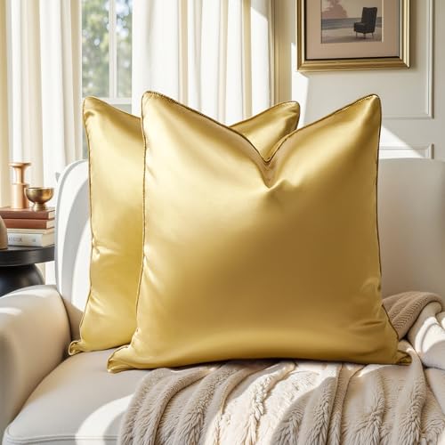 HOMEIDEAS Gold Decorative Throw Pillow Covers 18x18 Set of 2 Glossy Faux Silk Pillow Covers for Couch Sofa Bed Decor Luxury Euro Summer Cushion Covers