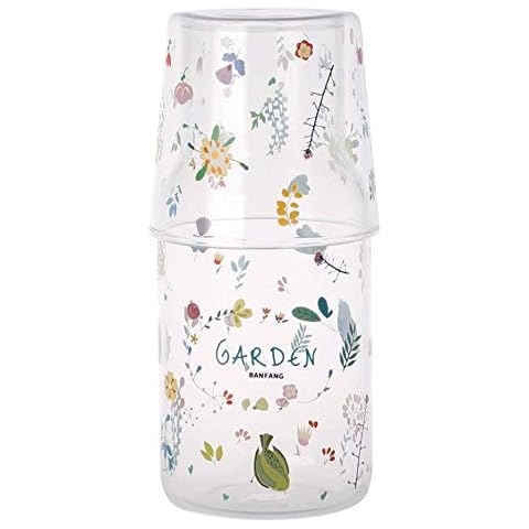 Sizikato 16 Oz Clear Glass Bedside Night Water Carafe with Tumbler Glass, Garden Flower and Bird Pattern Cover