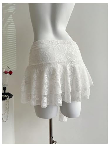 MakeMeChic Women's Lace Mini Skirt Floral Bow Flowy Y2k Low Rise Ruffle Boho Skirt2