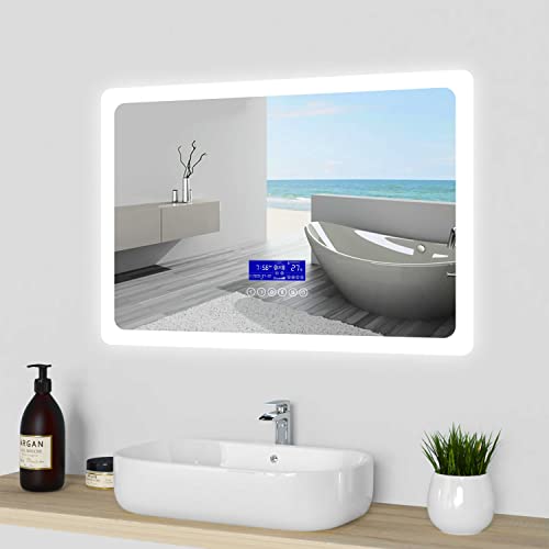 Acezanble 80 x 60 cm Espejo de Baño con Pantallita de Control (Bluetooth + Tiempo + Fecha + Temperatura + Antivaho) Incorporado. Espejo de baño LED 3 Colores